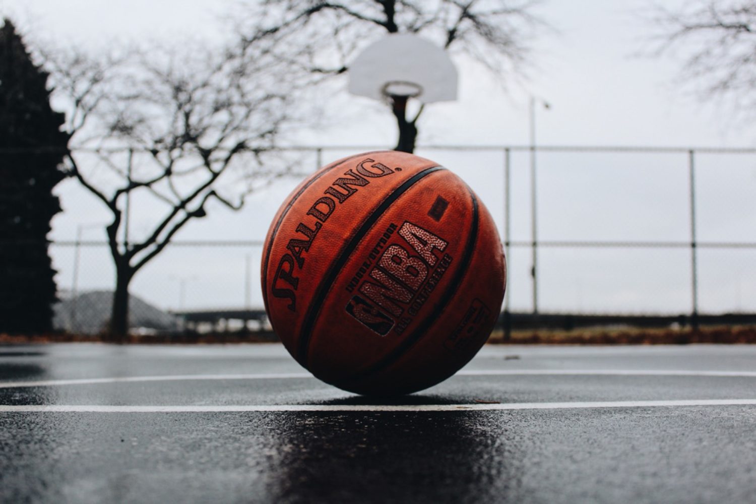 A basketball on a court.